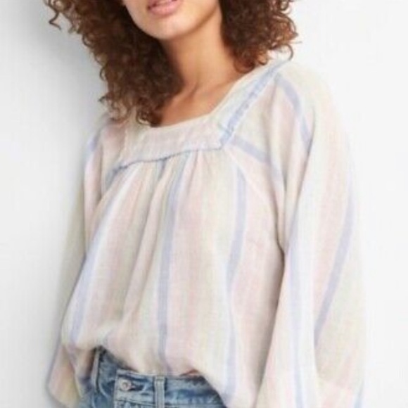 Gap Woman LINEN Multi Stripe Blouse Raglan Sleeve sTop Size L - Picture 12 of 14